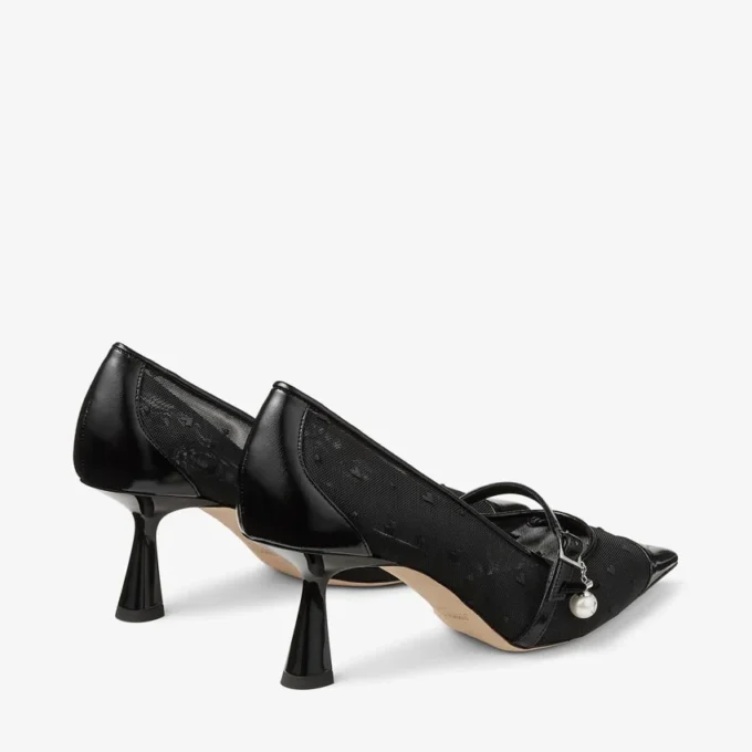 Zapatos de salón Aren 65 en cuero spazzolato negro y malla con corazón y adorno de perla
