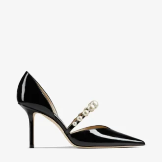 Zapatos de salón Aurelie 85 de charol negro con punta y adornos de perlas