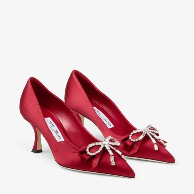 Zapatos de salón Auria 70 en rojo rubí con lazo de satén y cristales