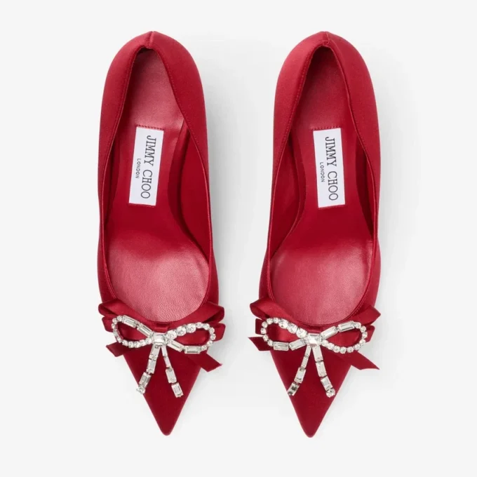 Zapatos de salón Auria 70 en rojo rubí con lazo de satén y cristales