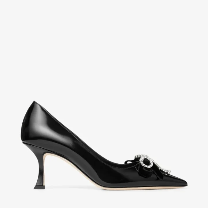 Zapatos de salón Auria 70 negros en piel spazzolato suave con lazo de terciopelo y cristales