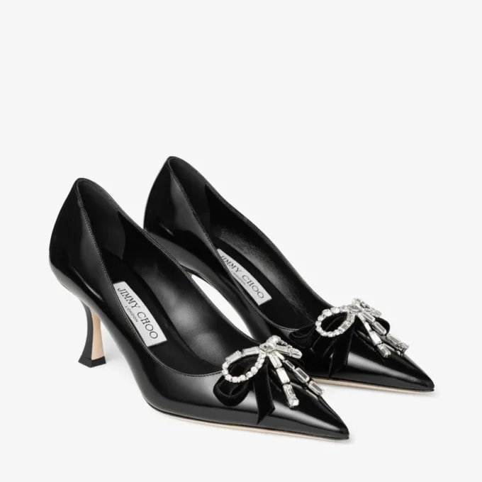 Zapatos de salón Auria 70 negros en piel spazzolato suave con lazo de terciopelo y cristales