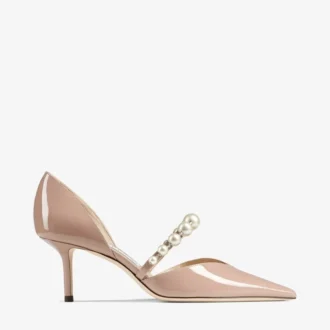 Zapatos de salón de punta Aurelie 65 en charol rosa ballet con adorno de perlas