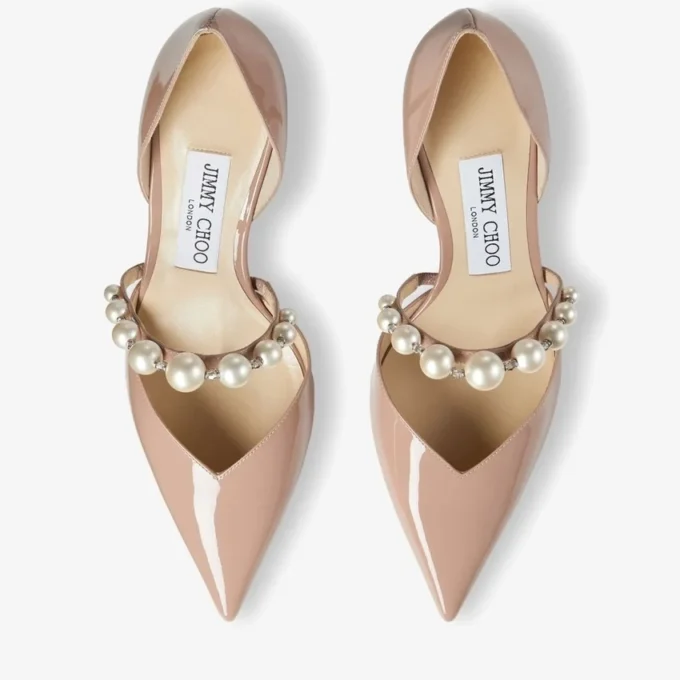 Zapatos de salón de punta Aurelie 65 en charol rosa ballet con adorno de perlas