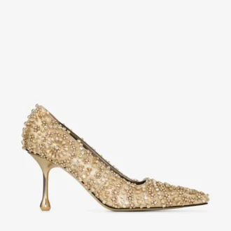 Zapatos de salón Ixia 80 en piel napa metalizada dorada con bordado de cristales