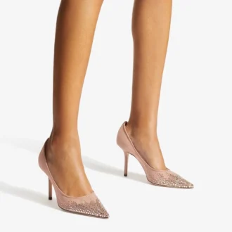 Zapatos de salón Love 85 en malla rosa ballet con puntera puntiaguda y cristales degradados