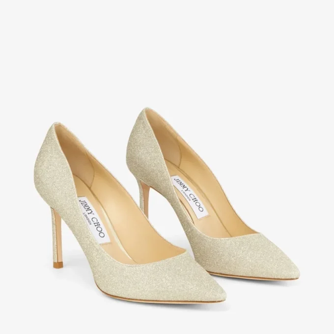 Zapatos de salón Romy 85 con punta afilada y purpurina platino hielo