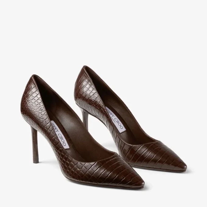 Zapatos de salón Romy 85 de piel con relieve de cocodrilo color chocolate
