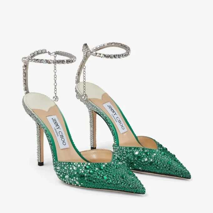 Zapatos de salón Saeda 100 de satén esmeralda con cristales