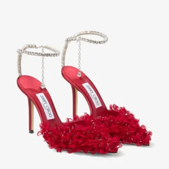 Zapatos de salón Saeda 100 en malla rojo rubí con bordado de pétalos