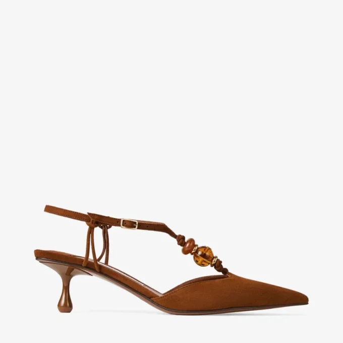 Zapatos de tacón con tiras traseras Lauri 50 en ante mixto color tostado con abalorios Zapatos de tacón con tiras traseras Lauri 50 en ante mixto color tostado con abalorios