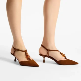 Zapatos de tacón con tiras traseras Lauri 50 en ante mixto color tostado con abalorios