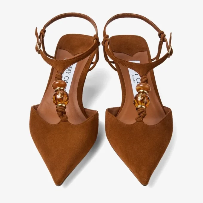Zapatos de tacón con tiras traseras Lauri 50 en ante mixto color tostado con abalorios Zapatos de tacón con tiras traseras Lauri 50 en ante mixto color tostado con abalorios